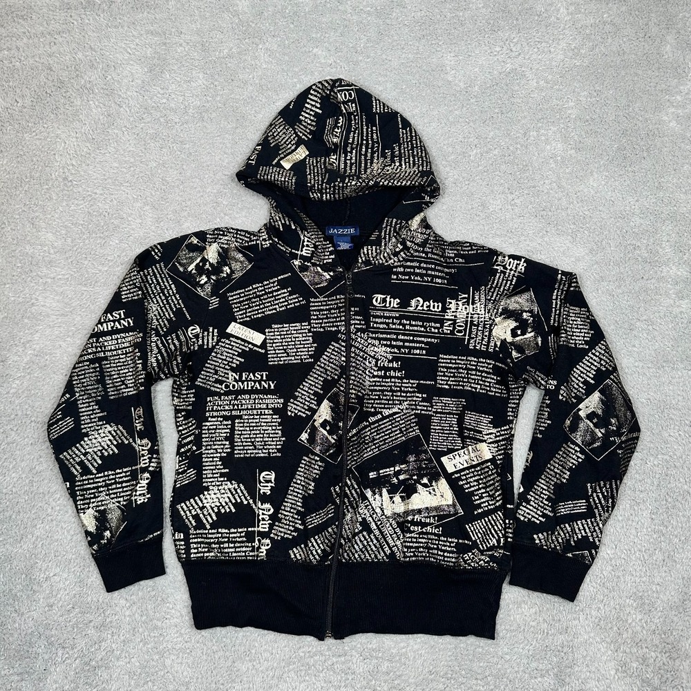Jazzie‎ "The New York" Newspaper Print Hoodie Full Zip Long Sleeve NYC Y2K